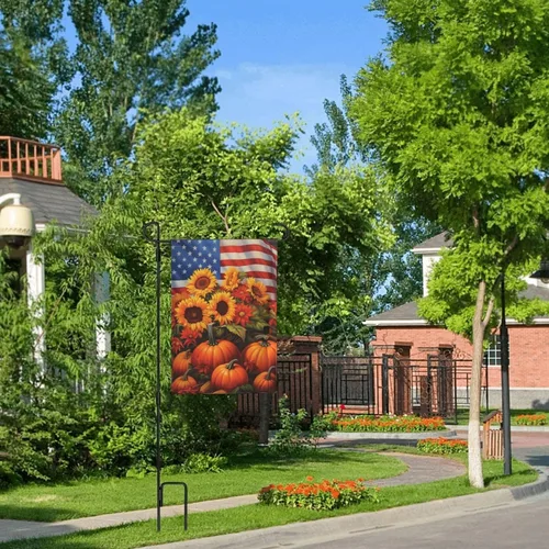 Miniatura 6 de Bandera de Estados Unidos, calabazas y girasoles, bandera de jardín, otoño, vacaciones, bienvenida, patio, granja, exteriores, banderas decorativas