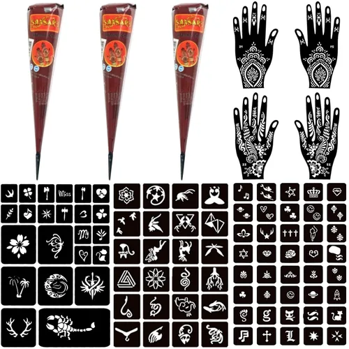 Miniatura 8 de Moricher kit de tatuajes de alheña, kits de tatuajes temporales, 5 conos, 96 plantillas, regalos para arte DIY, fiesta