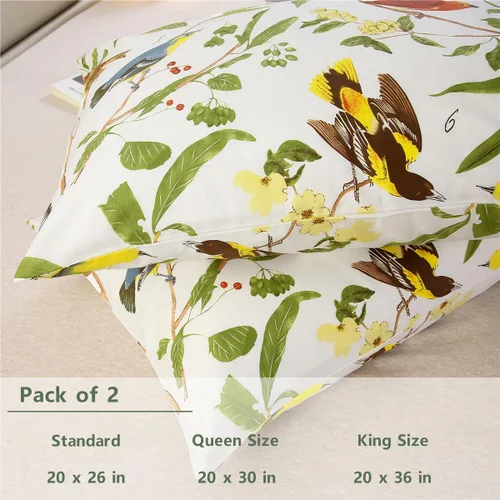 Miniatura 3 de URBONUR Juego de 2 fundas de almohada 100% algodón tamaño Queen con estampado de hojas de jardín y pájaros, fundas de almohada suaves y Hojas verdes