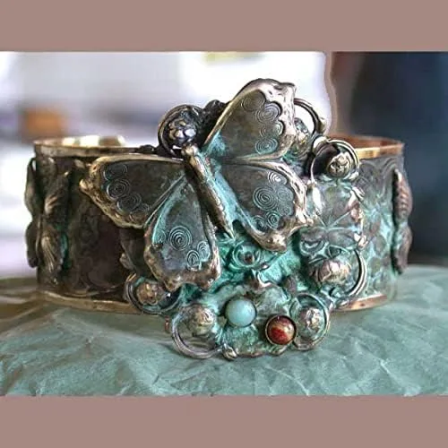 Miniatura 2 de Elaine Coyne Collectible Artwear Pulsera con diseño de mariposas y flores, amazonita, jaspe, fabricada en Estados Unidos, Latón, Tiendaita
