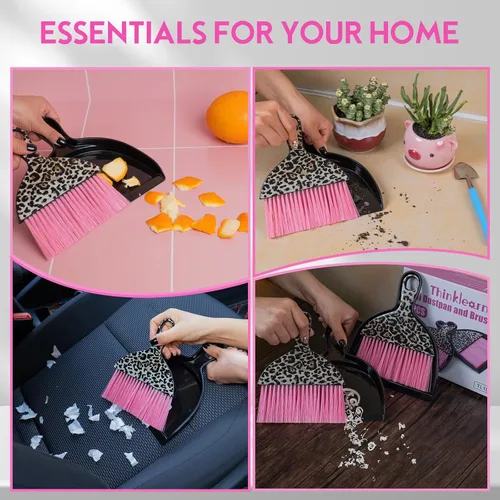 Miniatura 6 de THINKLEARN Juego de 2 mini recogedores y cepillos, juego de escoba pequeña y recogedor con diseño de estampado de leopardo rosa, escoba de mano