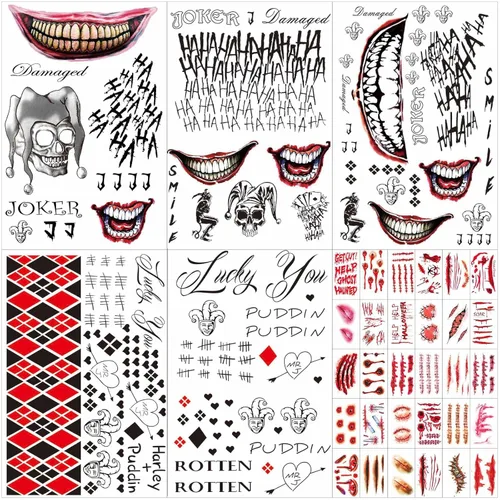 Miniatura 14 de 23 hojas de tatuajes de bromista de Halloween para hombres, mujeres y adultos, tatuajes temporales falsos de cara de Halloween, serpiente