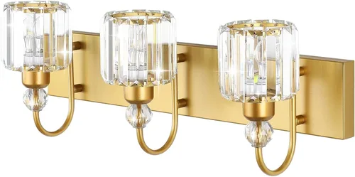 Miniatura 2 de Ralbay Luces doradas para tocador de baño, 3 luces, luces de tocador de cristal dorado sobre el espejo, accesorios de iluminación de tocador de baño