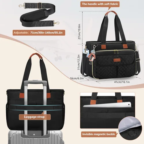 Miniatura 4 de Bolso de lona para laptop RAINSMORE para profesoras, bolsas de trabajo para mujer, bolso de 15.6 pulgadas con gran portavasos para enfermeras, bolso