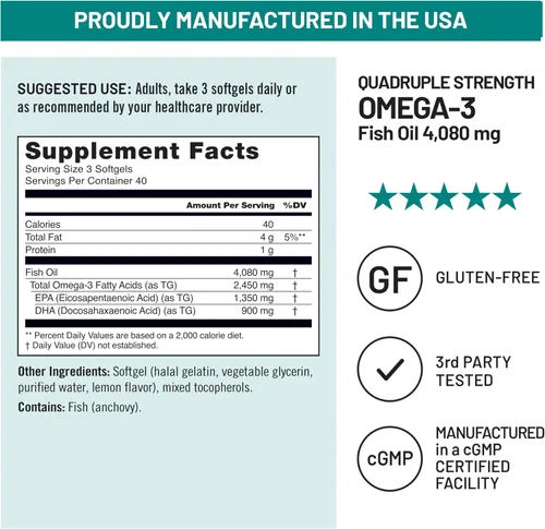 Miniatura 8 de NatureWise Aceite de pescado Omega 3 de fuerza cuádruple, 4080 mg, forma natural TG + capturado en estado salvaje, 2450 mg Omega 3 + 1350 mg EPA 900