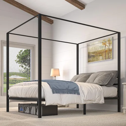 Miniatura 12 de YITAHOME Marco de cama de metal con dosel de cuatro pósteres, plataforma de cama de 14 pulgadas con cabecera incorporada, soporte de colchón