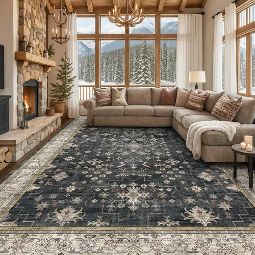 Alfombra Boho Negra para Sala de Estar - Alfombra de Área Lavable de 10x14 Pies, Alfombras de Comedor para Debajo de la Mesa, Alfombra Suave de Pelo
