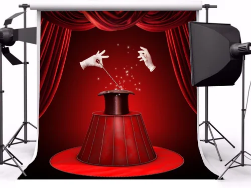 Miniatura 2 de Yeele Fondo de espectáculo mágico de 10 x 10 pies para fotografía, cortina roja de circo, guantes blancos, sombrero negro, fondo de teatro, mago