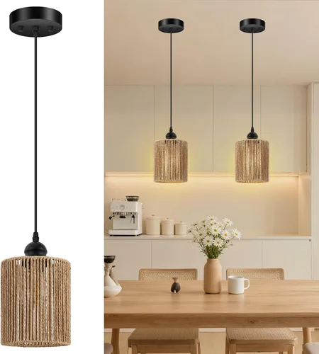 Miniatura 11 de BoostArea Luces Colgantes de Ratán para Isla de Cocina, Candelabro de Estilo Rústico con Pantalla de Mimbre Tejida a Mano, Luz Colgante Bohemia
