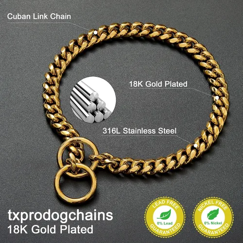 Miniatura 4 de txprodogchains Collar de Cadena de Oro para Perro de 18K, Cadena de Eslabones Cubanos de 10MM, Cadena de Metal de Acero Inoxidable, Collar de Oro 18k