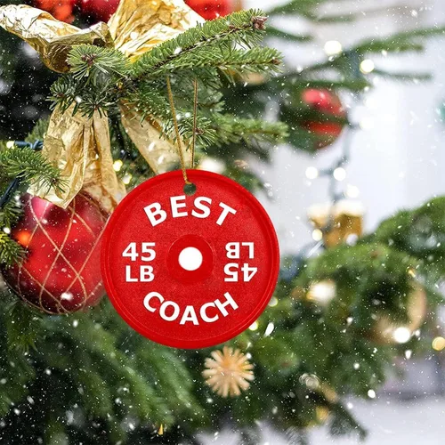 Miniatura 8 de Adorno redondo de cerámica colgante de Navidad divertido gimnasio con mancuernas decorativas para colgar recuerdos navideños personalizables