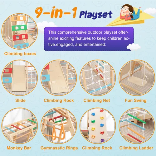 Miniatura 3 de Juego de gimnasio y parque infantil 9 en 1, juguete de escalada de madera con tobogán, columpio, red de escalada, anillos – Juego para niños