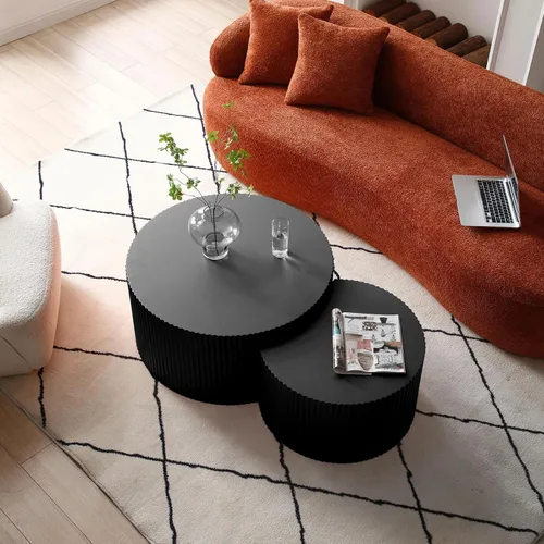 Miniatura 4 de Juego de 2 mesas auxiliares anidables, mesa auxiliar redonda de madera creativa de luna, color negro mate, mesas auxiliares modernas de lujo