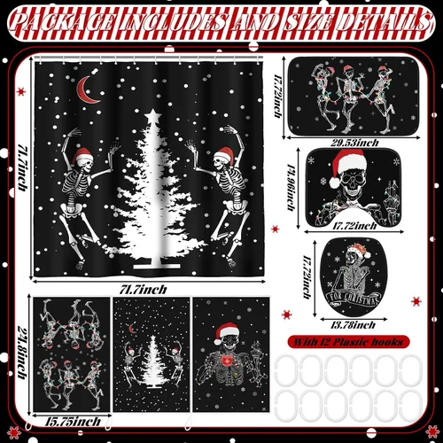 Miniatura 2 de Newwiee 7 piezas de juego de baño de Navidad, cortina de ducha de Navidad, cortina de ducha decorativa antideslizante, alfombras y toallas
