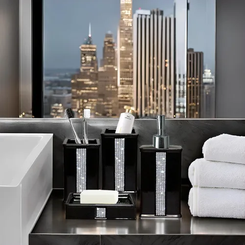 Miniatura 2 de Juegos de Accesorios de Baño para Baño, Juego de Dispensador de Jabón de Baño Negro, Bomba Dispensadora de Líquido de Cerámica, 2 Vasos Tumbler
