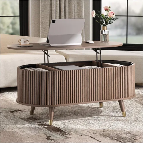 Miniatura 18 de SULIVES Mesa auxiliar ovalada con almacenamiento, mesa de centro multifuncional con tambor elevable, pequeña mesa central acanalada para sala