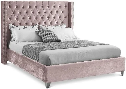 Miniatura 17 de Meridian Furniture – Cama con respaldo de terciopelo abotonado, Aiden-Q-Aiden, con recortes cromados con forma de cabezal de clavos y patas Gris