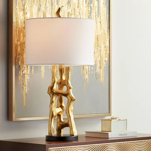 Possini Euro Design Lámpara de Mesa Auxiliar Escultura Orgánica de 29" de Alto Moderna Glamorosa de Lujo Acabado Dorado Pantalla Individual de Tela