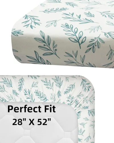 Miniatura 6 de Paquete de 4 sábanas bajeras de color verde salvia, transpirables, neutrales, unisex, para niños o niñas, con diseño de hojas y flores, sábana