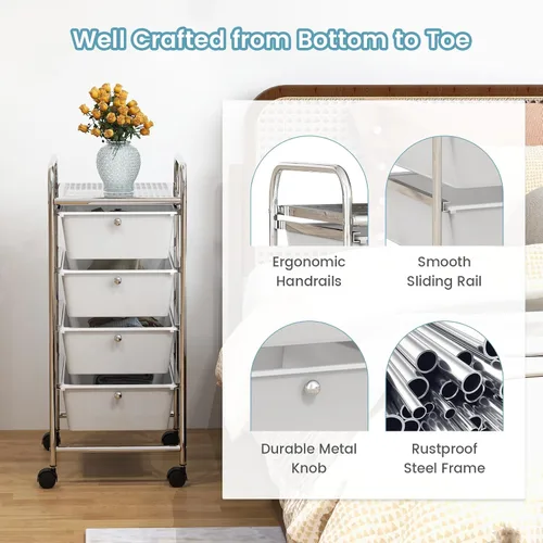 Miniatura 6 de COSTWAY Carrito de almacenamiento rodante con 4 cajones, carrito de almacenamiento de plástico y organizador con 4 cajones extraíbles, carrito