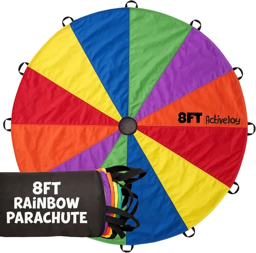 Miniatura 11 de Activejoy - Paracaídas para niños - 8 pies/12 pies/20 pies / 24 pies - Juguete de paracaídas arcoíris con asas - Ideal para clases de gimnasio, día