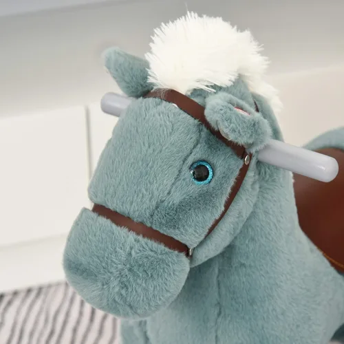 Miniatura 8 de Qaba Caballo mecedor de peluche para niños con juguete de oso, silla para niños con juguete de felpa suave y divertidos sonidos realistas, azul