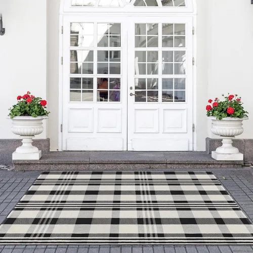 Miniatura 57 de Alfombra de Exterior de Cuadros Buffalo 2x3 pies, Alfombra Tejida de Algodón Negro y Blanco Roto, Tapetes para Puerta de Porche Frontal, Alfombra