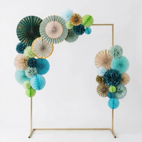 Miniatura 8 de PapaKit Juego de 26 piezas de decoración de fiesta multicolor de lujo, pompones de papel de seda vibrantes, bolas de panal y abanicos de papel