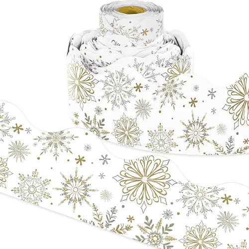 Rollo de borde de tablero de anuncios de Navidad de 65 pies con diseño de copo de nieve y oro gris para vacaciones de invierno, Navidad, aula,