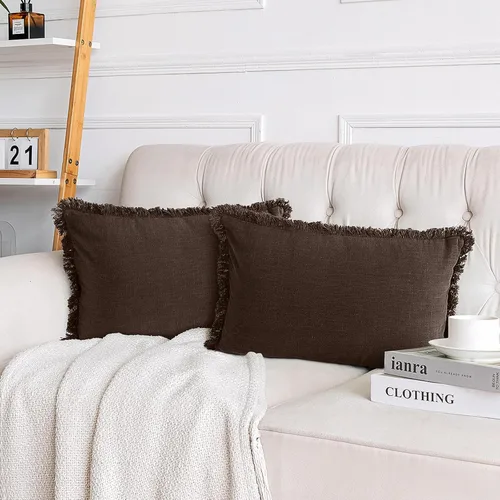 Miniatura 11 de AmHoo Paquete de 2 fundas de almohada de lino con borlas con flecos decorativas rústicas naturales para cojín de sofá, sofá, dormitorio 16 x 16 Beige
