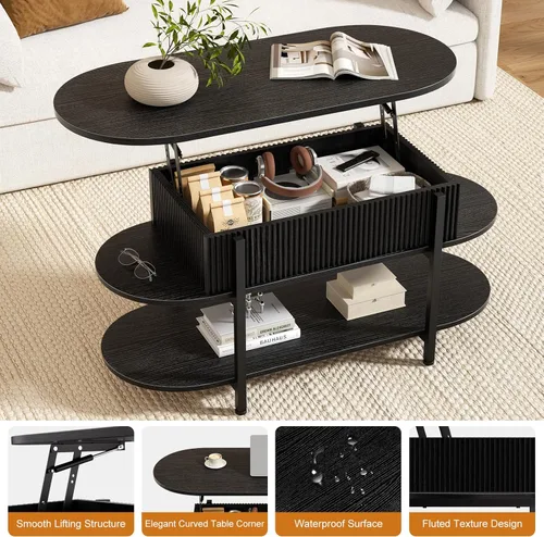 Miniatura 4 de FABATO - Mesa de centro oval de 41.7" con parte superior elevable, mesa central de madera estriada con almacenamiento oculto, mesas pequeñas de 3