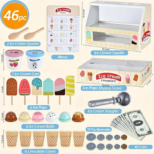 Miniatura 2 de WHOHOLL Juguetes de helado de madera para niños, juguete de simulación para niños pequeños, accesorios de cocina con cuchara, menú, juego de helado