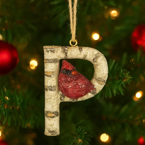 Miniatura 19 de Adorno de Navidad con letra inicial cardenal rústica, aspecto de madera de abedul, alfabeto colgante, decoración con monograma para árbol de Letra R