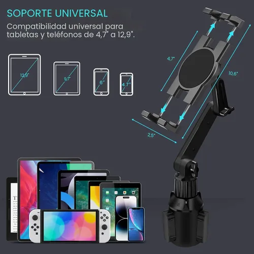 Miniatura 3 de Soporte para tablet con portavasos para coche, soporte ajustable de 360° de 15" de largo con 2 brazos para iPad Pro 12.9/11/10.5/9.7/Air/Mini 6/5/4