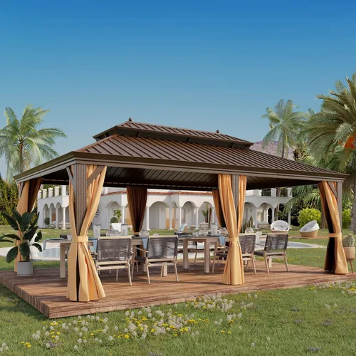 Miniatura 15 de Cenador de techo rígido de 12 x 14 pies, carpa de metal para exteriores, toldo de acero galvanizado de doble techo, acabado de madera recubierto