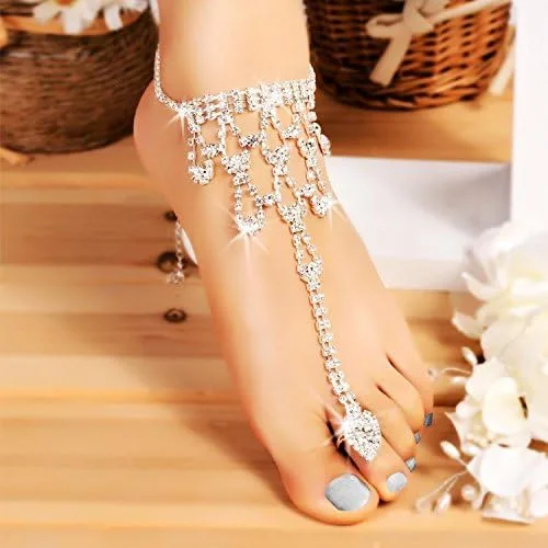 Miniatura 6 de Tobilleras de cristal artificial para mujer, sandalias descalzas para playa, boda, tobillo