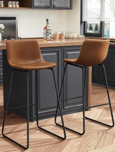 Miniatura 39 de REONEY Juego de 2 taburetes de bar de piel sintética de 26 pulgadas, taburetes de bar modernos con patas de metal y reposapiés, sillas urbanas sin