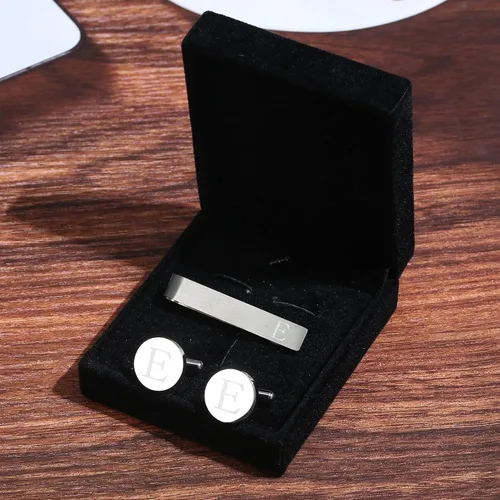 Miniatura 13 de LOYALLOOK - Gemelos de acero inoxidable grabados con inicial y clip de corbata, diseño de letras del alfabeto con caja de regalo, A-Z