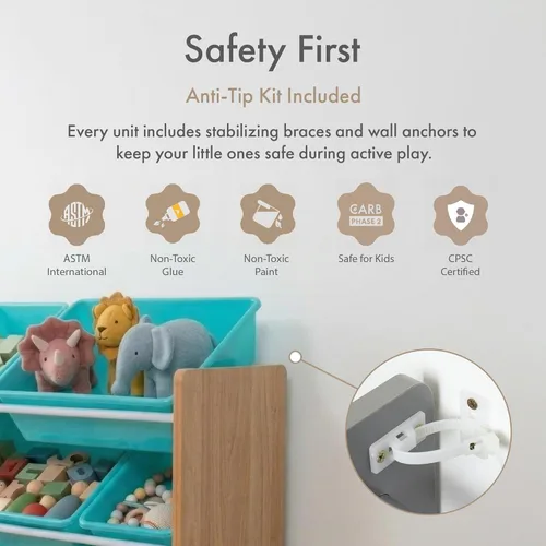 Miniatura 7 de Humble Crew Organizador de almacenamiento de juguetes para niños con 12 cubos de plástico, madera natural/aguamarina, contenedores extraíbles