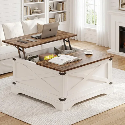BROTTAR - Mesa de centro con superficie elevable y almacenamiento, mesa cuadrada para sala de estar con puertos de carga, mesa de comedor estilo