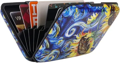 Miniatura 124 de ELFISH Mini cartera de aluminio RFID para tarjetas de crédito, funda de identificación de metal para hombres y mujeres, Happy Flower, Cartera Rfid
