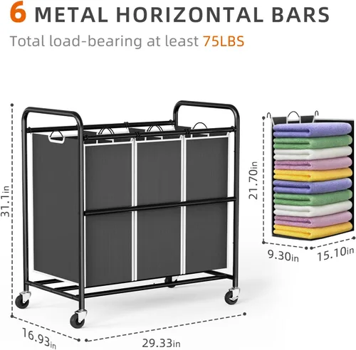 Miniatura 4 de ROMOON Clasificador de ropa resistente de 3 compartimentos, cesta con forro extraíble y ruedas, organizador que ahorra espacio para lavandería, Negro