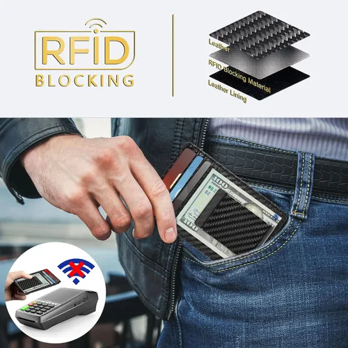 Miniatura 3 de Travelambo Clip para dinero para hombre, de piel, delgado, minimalista, con bloqueo RFID (tejido negro), Tejido negro, Minimalista
