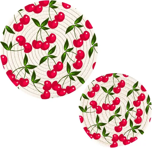 Qilmy Cherry Kitchen - Juego de 2 agarraderas redondas, resistentes al calor, para platos calientes, ollas calientes y sartén, 7 pulgadas + 9