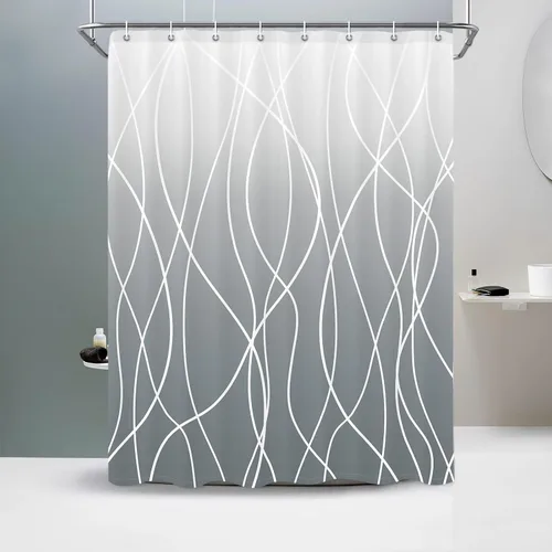 Miniatura 12 de Juego de cortinas de ducha azul egeo para baño con ganchos, cortinas de baño decorativas repelentes al agua y lavables con rayas blancas, 72 x 72