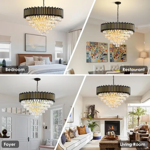 Miniatura 5 de Candelabro moderno de cristal negro y dorado de 15 luces para comedor, sala de estar, redondo, 6 niveles, contemporáneo, colgante de techo, lámpara