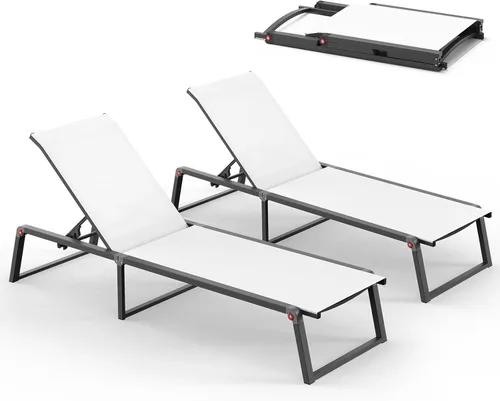 Miniatura 23 de Silla de Salón de Aluminio para Exterior, Sillas de Salón Plegables y sin Montaje para Patio y Piscina, Silla Reclinable de 5 Posiciones para Blanco