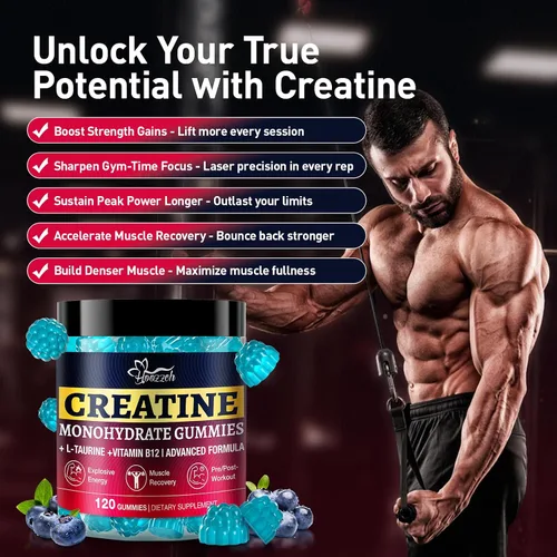 Miniatura 5 de Gomitas de creatina para mujeres y hombres, sabor arándano, gomita de monohidrato de creatina masticable, 0.18 onzas de creatina por porción, bajo