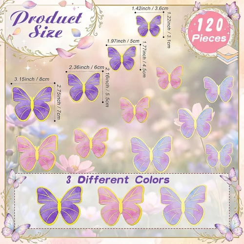 Miniatura 3 de Outus 120 piezas de mariposas 3D para decoración de pasteles, decoración de pasteles, morado, rosa, dorado, para mujeres, cumpleaños, boda, fiesta