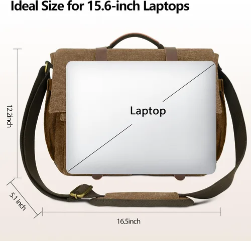 Miniatura 4 de Bolsa tipo mensajero para hombre, bolsa para laptop de 15.6 pulgadas, bolsa vintage de lona encerada, resistente al agua, maletín de cuero